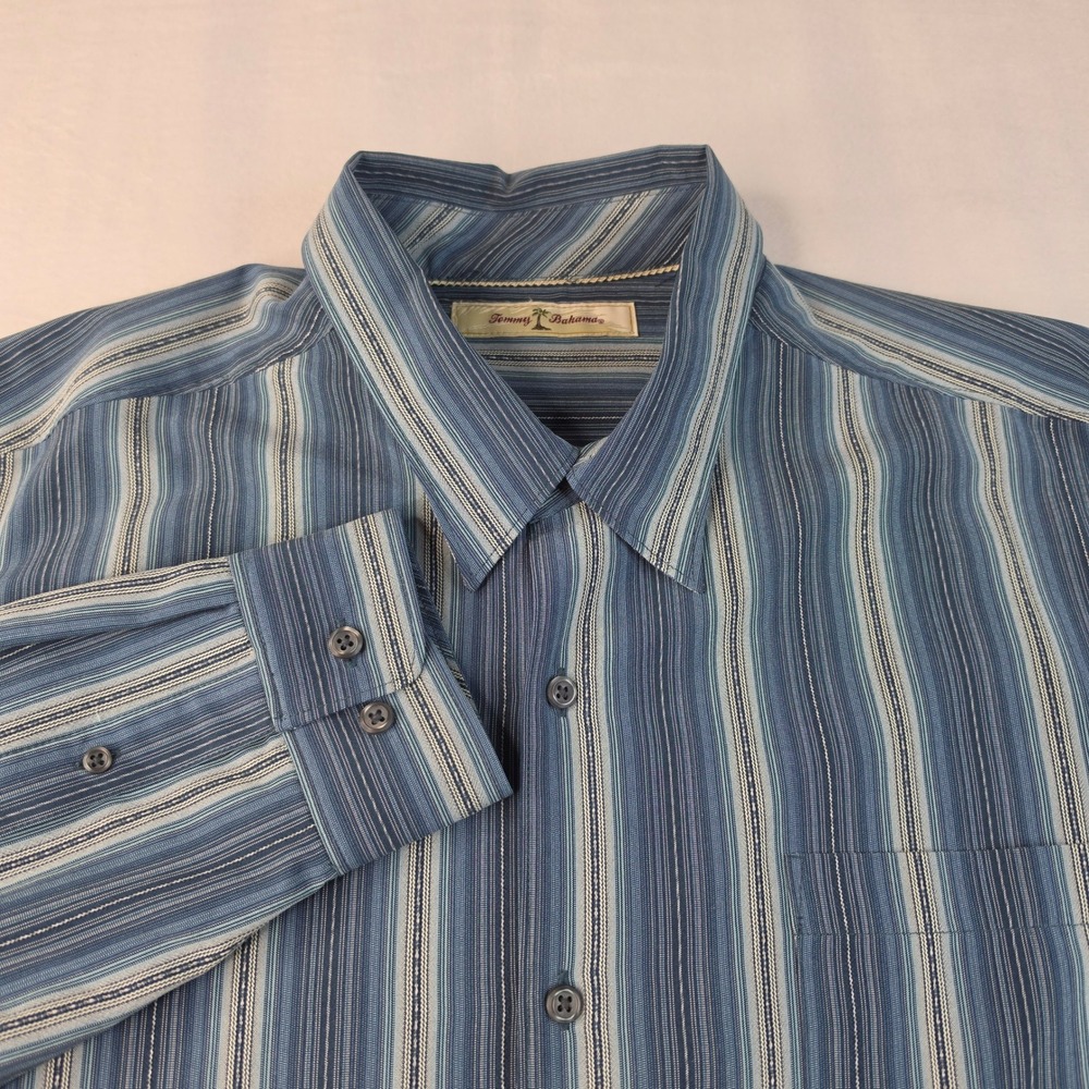 Tommy Bahama 100% Silk Blue Striped Mens XL Button Shirt Long Sleeve Pocket